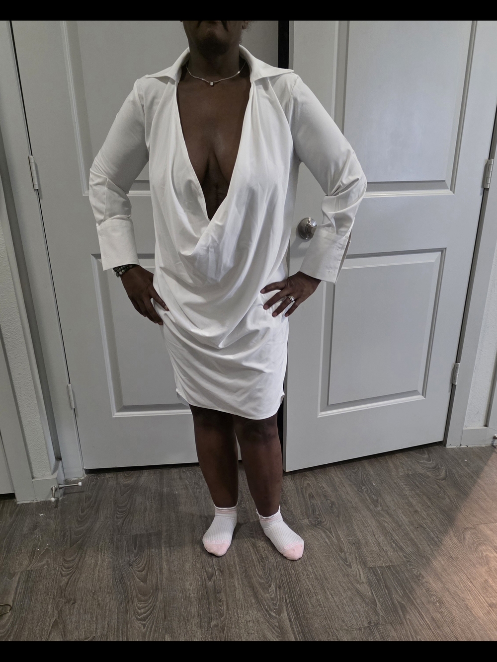 White Draped Deep-V Shirt Dress